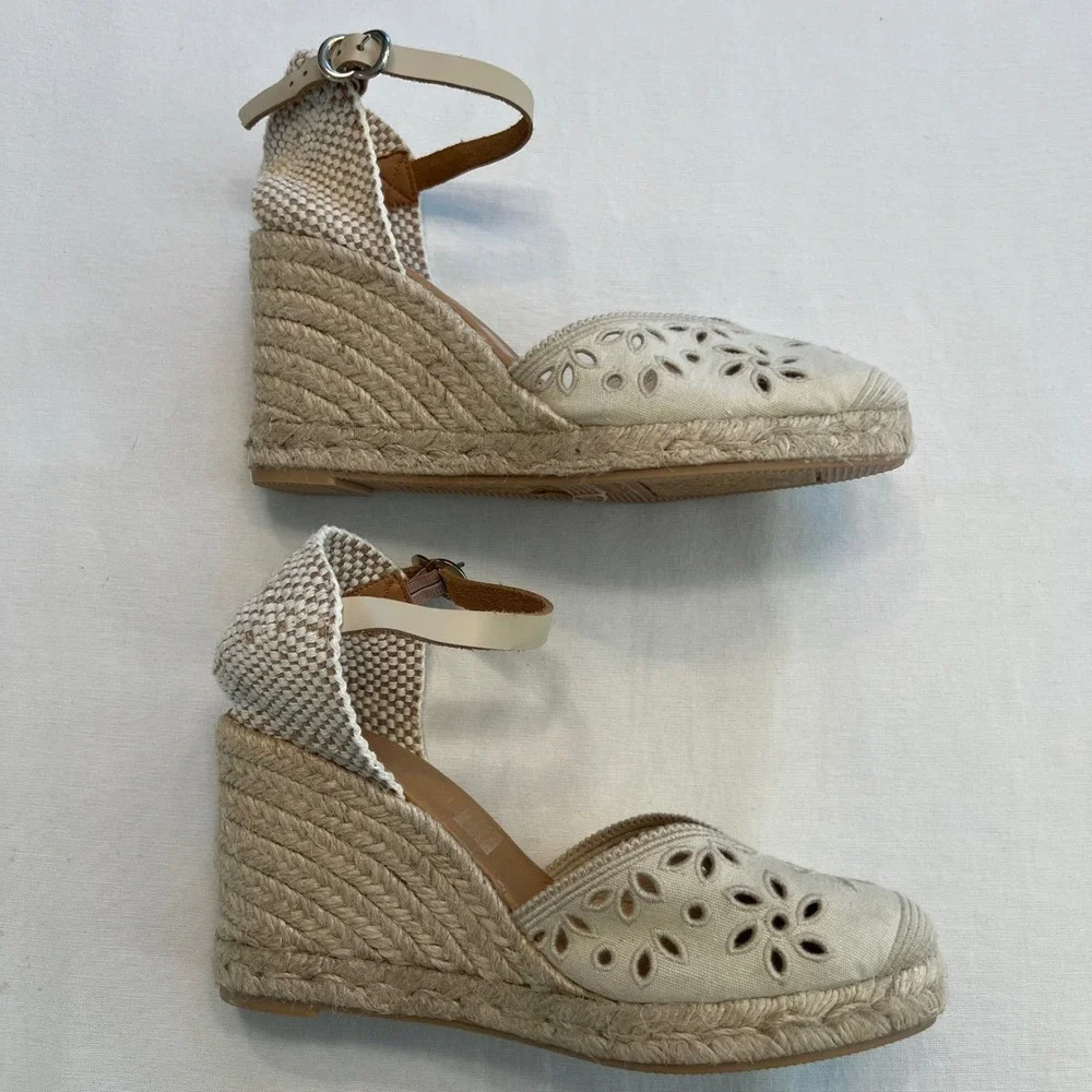 Maypol Beige Eyelet Canvas Espadrille Wedge Sandals Made in Spain Size 38 US 7.5